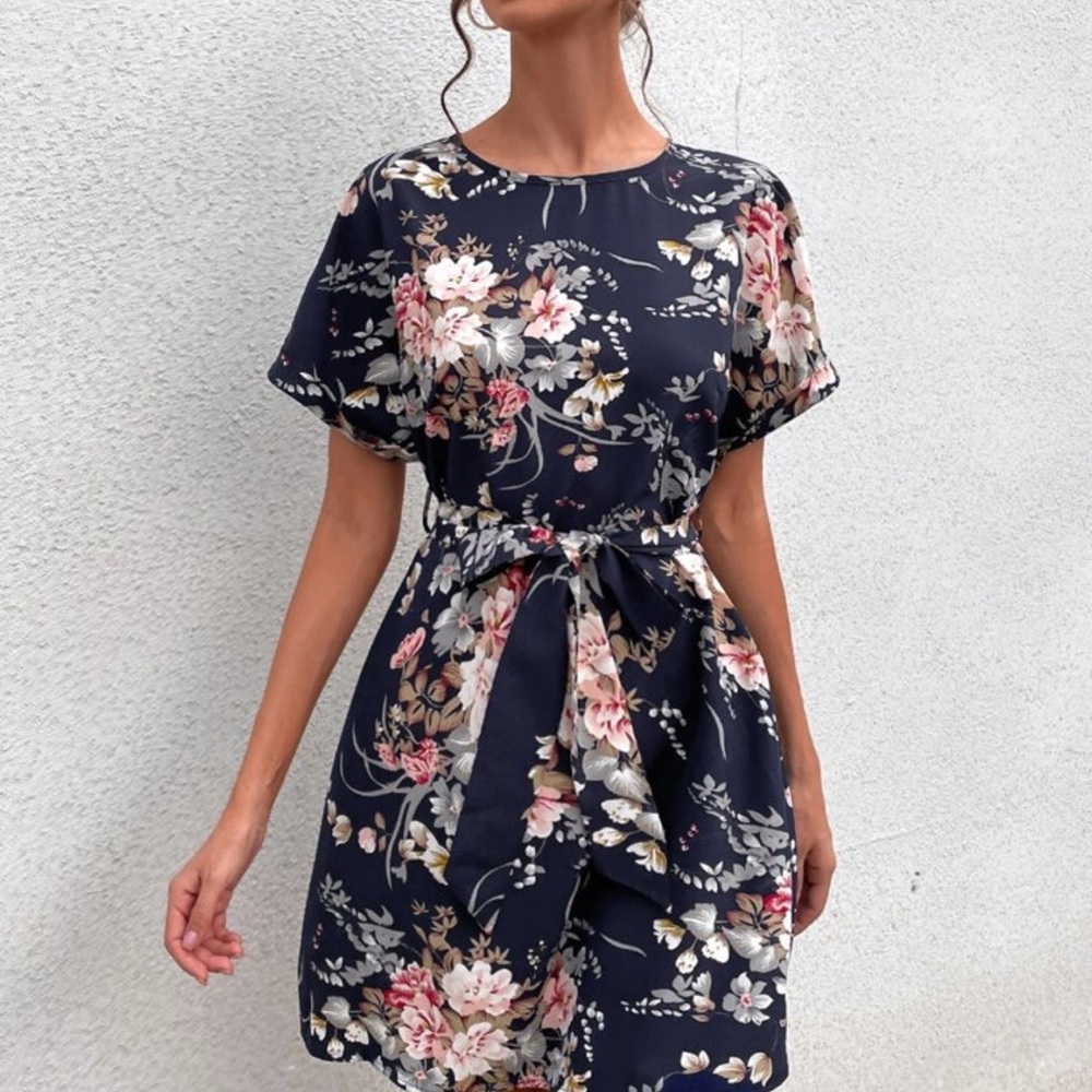 Blush Pink & Navy Blue Floral Midi Sundress with Dolman Sleeves - Picture 5 of 6